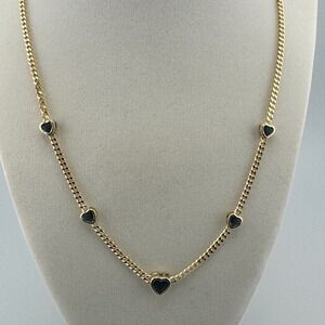 Gold Tone Heart Station Curb Chain Necklace Navy Blue Enamel Charms 16-19"